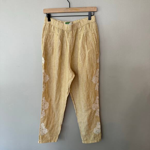 Anthropologie 100% Linen Yellow Stripe Floral Embroidered Pants Sz Sml Boho - Picture 3 of 15